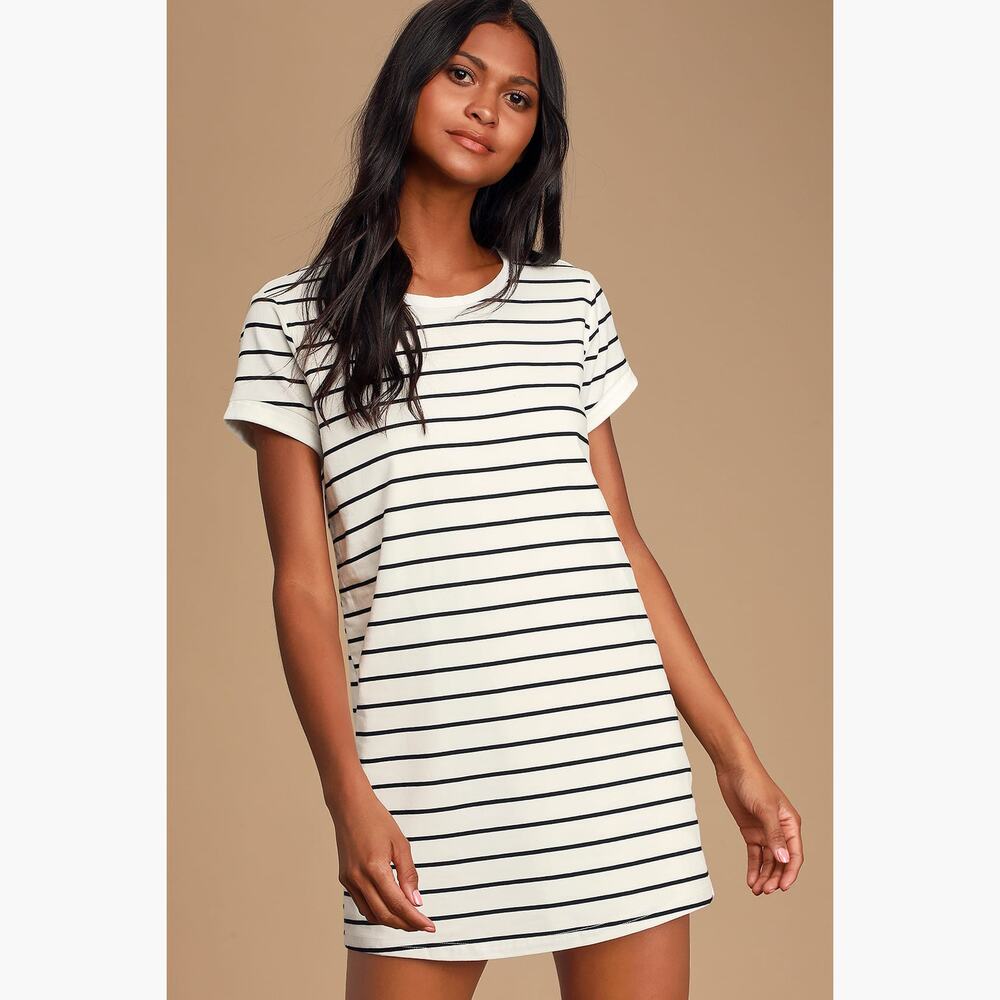 NWT LULUS "Cafe Society" Striped Shirt Dress (Black/Cream | Size XS) - Picture 3 of 7